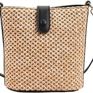 Women 2025 Summer Black Straw Woven Crossbody Bucket Bag Travel Tote